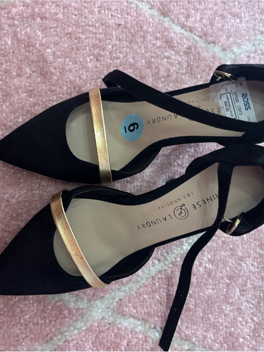 Chinese Laundry Black Pointed Heels with Gold Strap and Ankle Ties